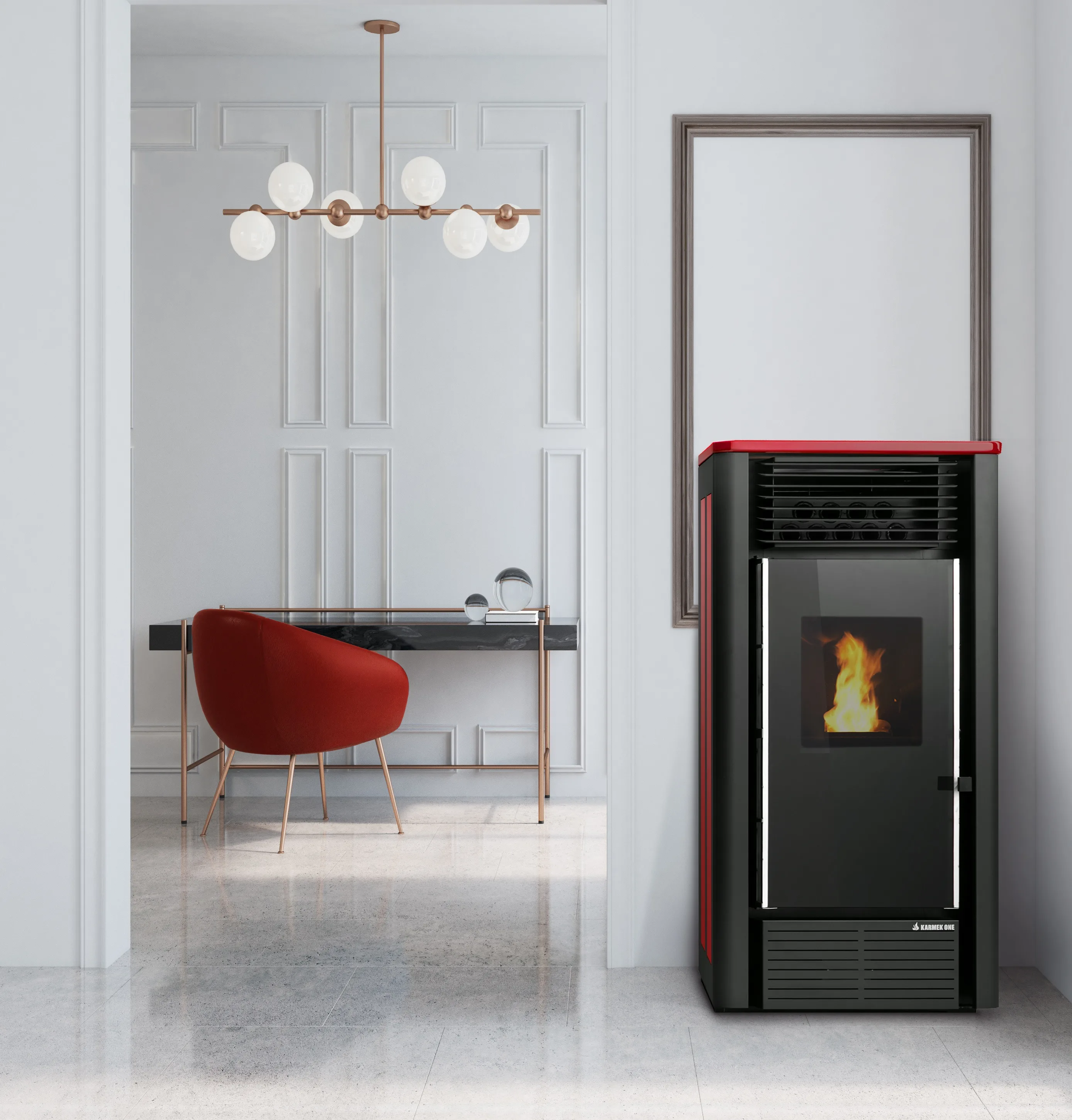 White home office, dark blue armchair, poster