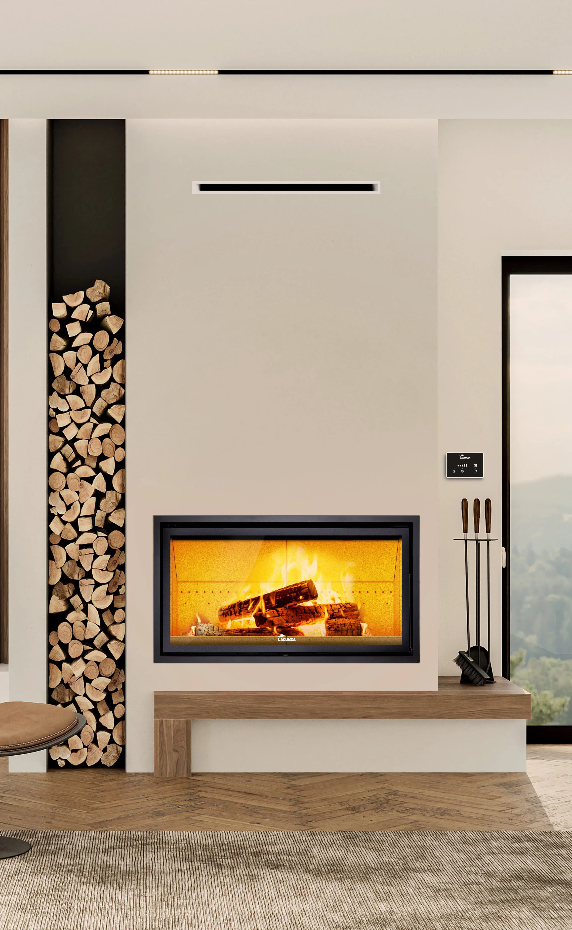 Minimalist living room interior with white walls and modern fireplace. Interior mockup, 3d render